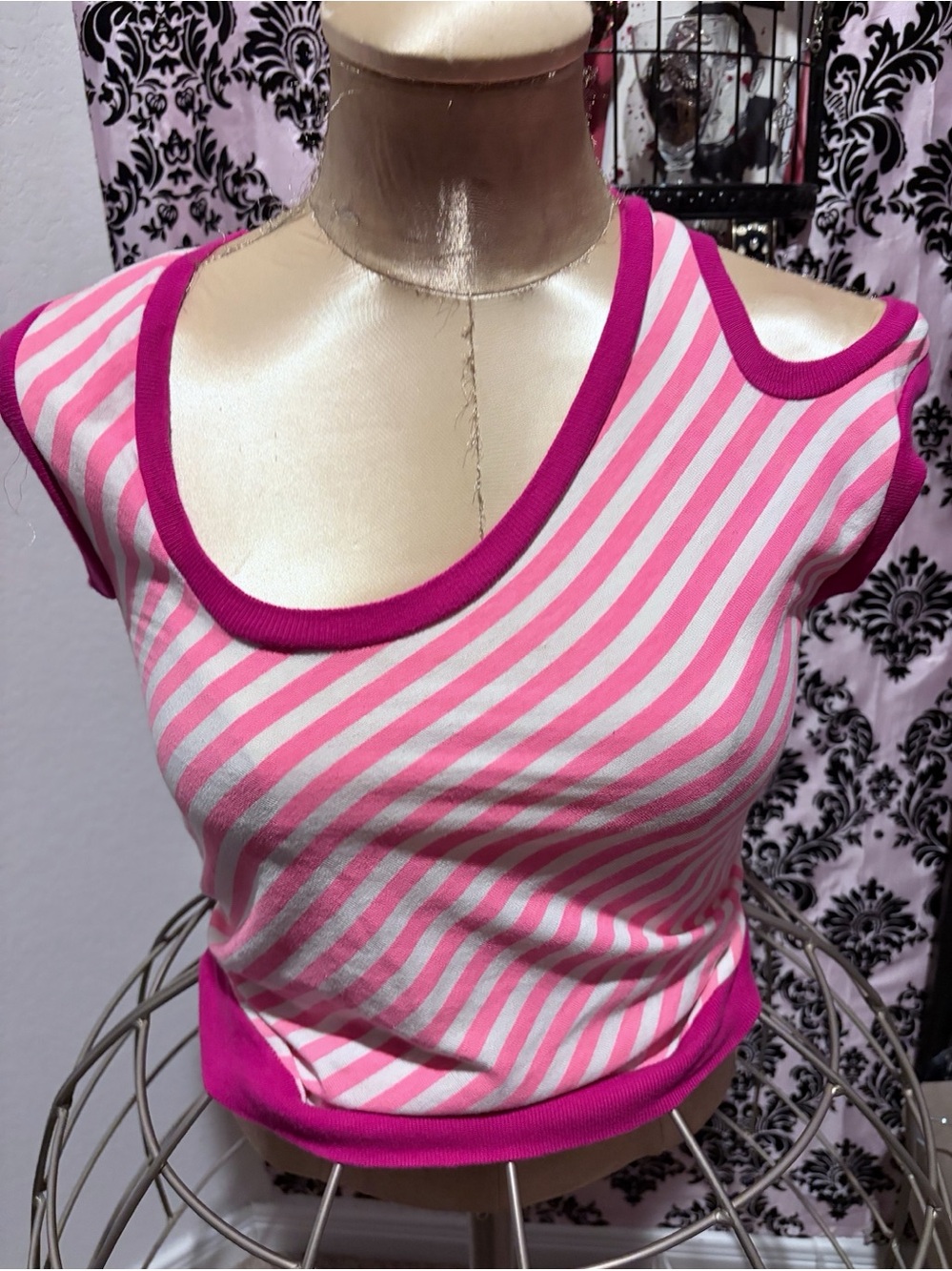 Vintage Brian Lichtenberg Pink and White striped asymmetrical cut out top- Y2K